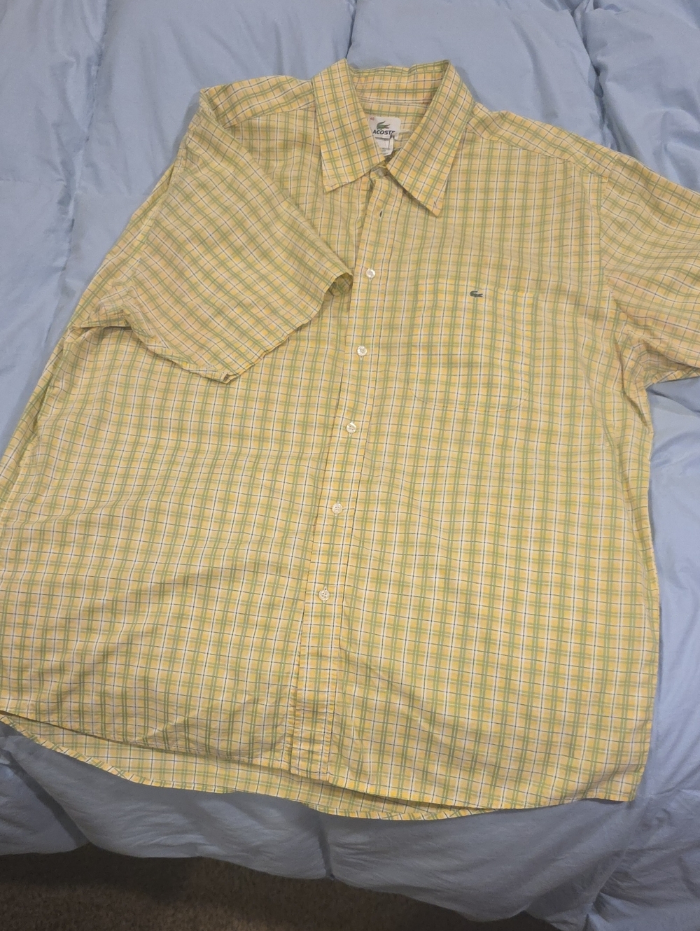 Lacoste Yellow and Green Plaid Short-Sleeve Button-Down Shirt. Size 46 Is An XL